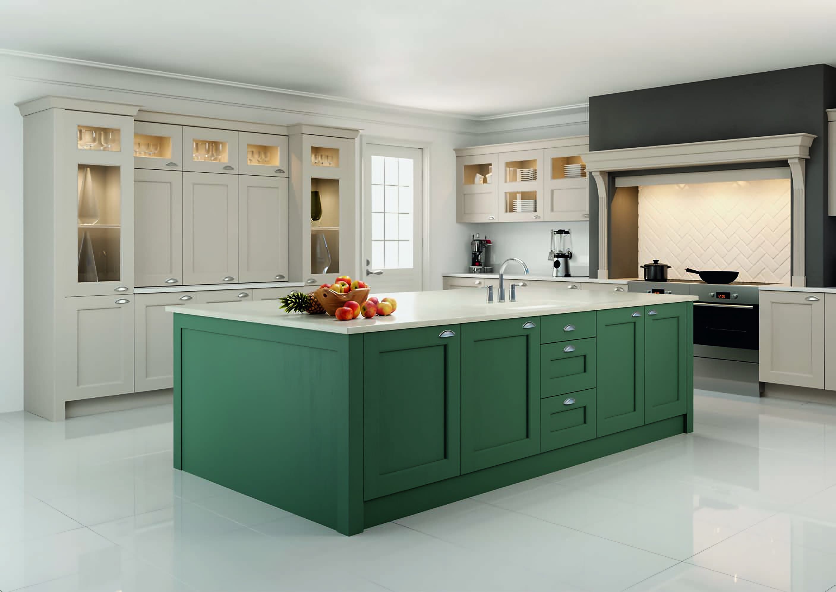 Hayton in-frame kitchen: stone-coloured shaker units with glazed wall cabinets and a large green island with a pale worktop.