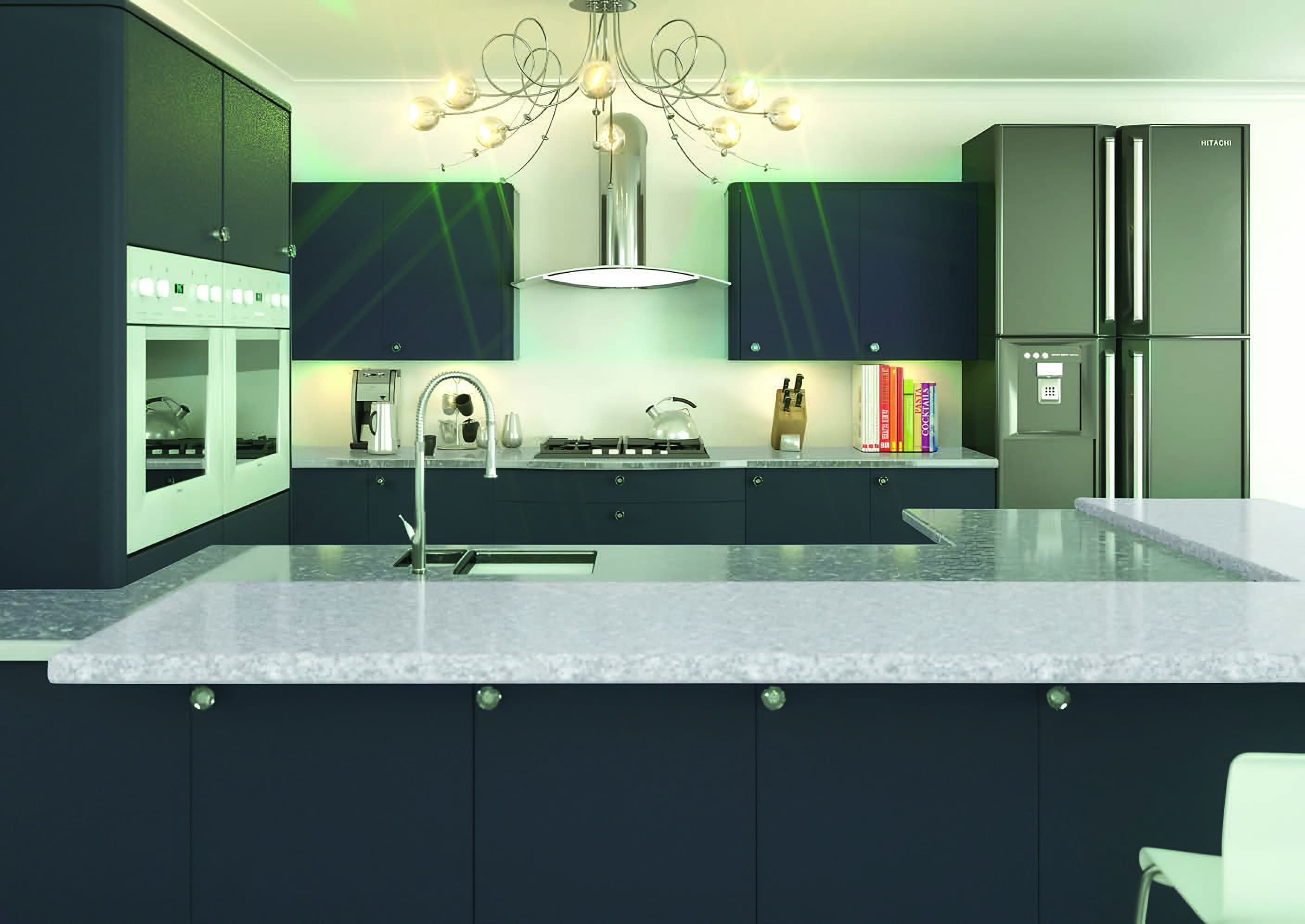 Handleless Urbani kitchen in dark carbonite with a grey stone worktop, a peninsula and a chandelier.